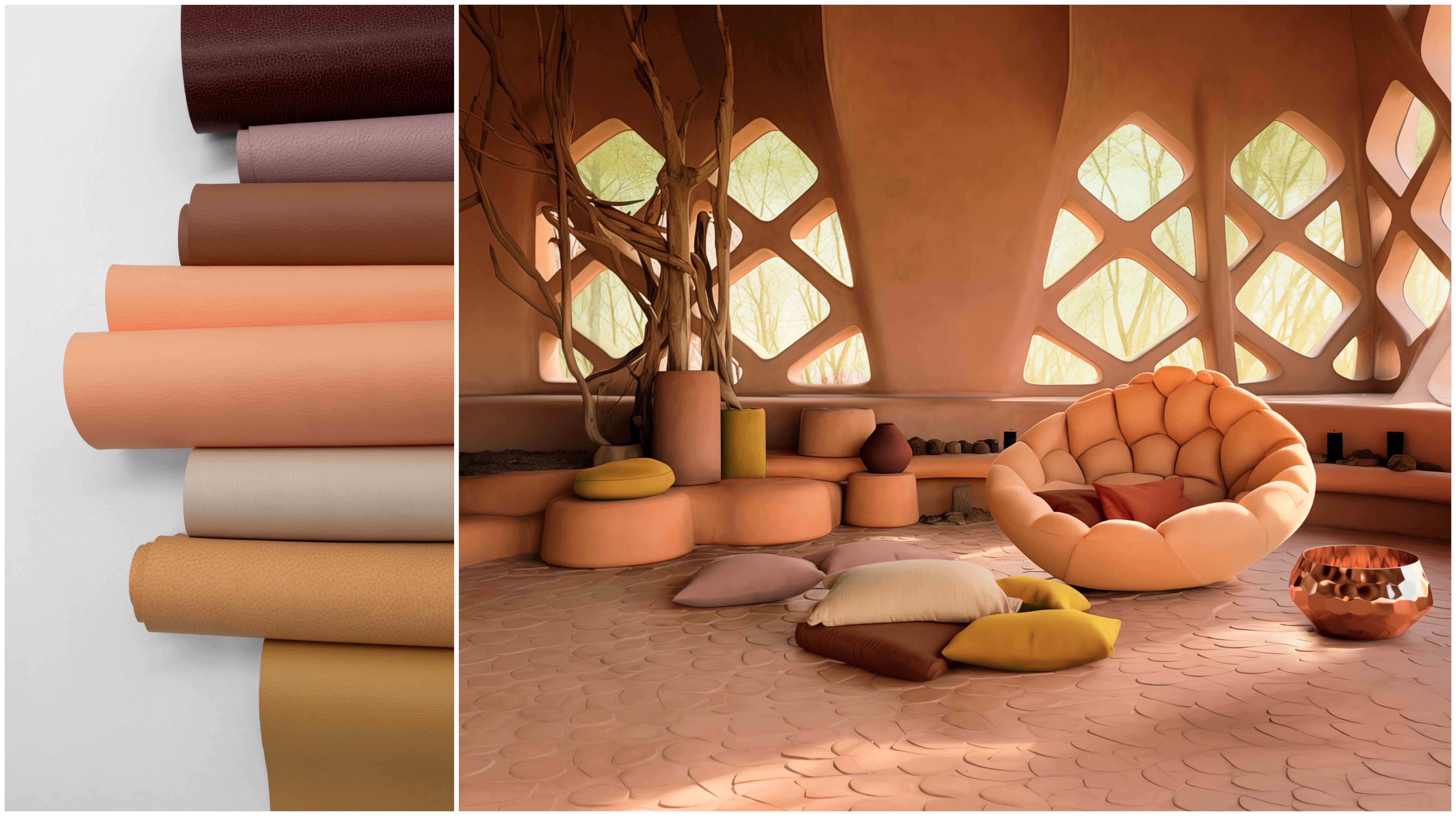 Left image: Ultrafabrics' Sanctuary Palette.
Right image: The Meditation Space designed by WeWantMore for Ultrafabrics Left image: Ultrafabrics' Sanctuary Palette.
Right image: The Meditation Space designed by WeWantMore for Ultrafabrics