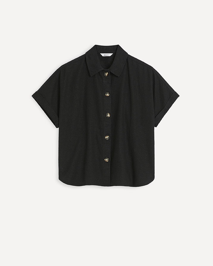Short-Sleeve Buttoned-Down Linen-Blend Blouse x The Birds Papaya
