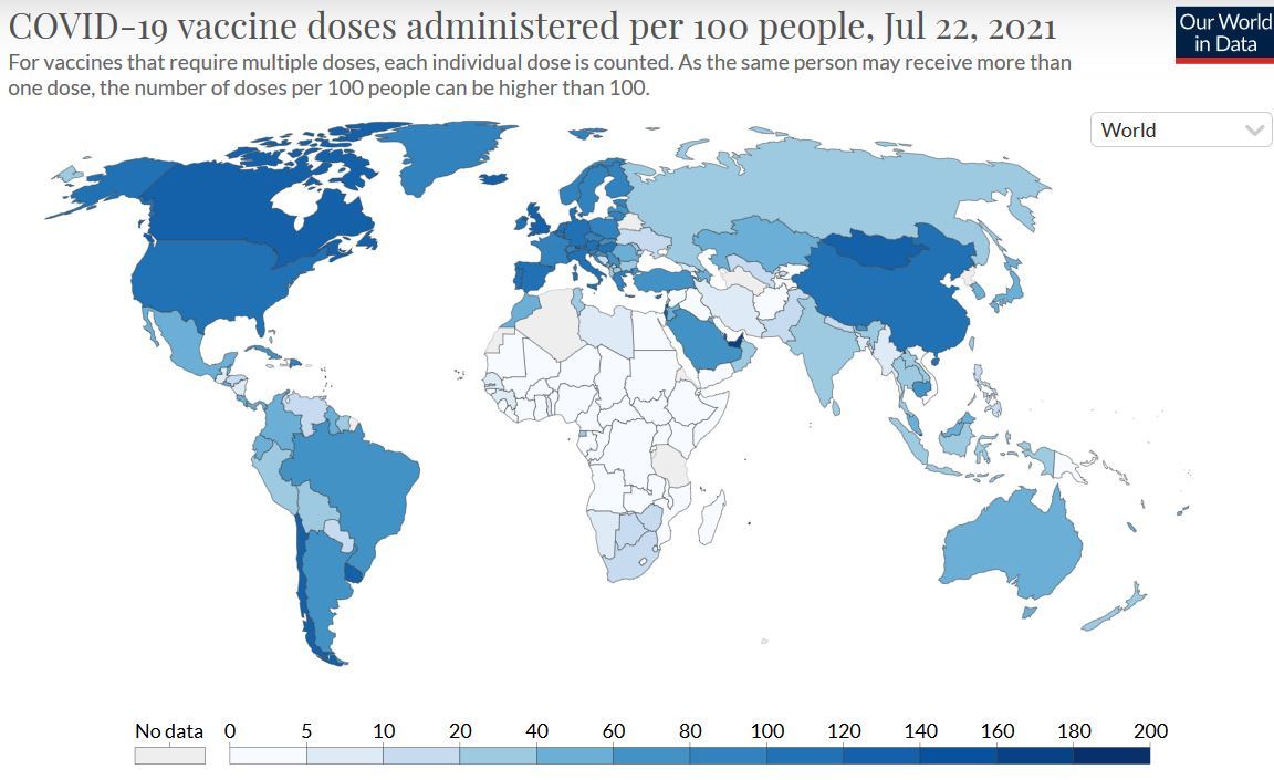 Dosis de vacunas COVID-19 administradas por cada 100 personas, 22 de julio de 2021. Fuente: Our World in Data.