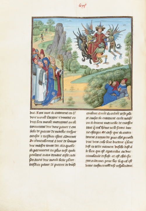 Jacques de Guise, Chroniques de Hainaut, vol. II. Translation by Jean Wauquelin. Southern Netherlands (Mons and Bruges), second half of the 15th century. ms. 9243, fol. 186v King Radbod carried away by the demons © KBR