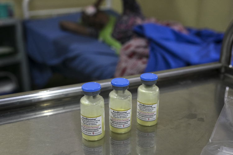 Treating HIV and AIDS in Conakry
Vials of Amphotericin B which is used to treat Cryptococcal Meningitis

Aisha Diabate 30 years (background) arrived at Donka Hospital with the husband of her sister who is a doctor from Coleah health centre in Conakry. She was very sick when she arrived and has been in Donka for three weeks. She has been diagnosed with cryptococcal meningitis. On admission, she had been suffering from a terrible headache, weight loss, lack of energy, nausea, vomiting, shaking. Today she feels better. She had heard about HIV from sensitisation in the community, but is less familiar with what the disease is.

Aisha has cryptococcal meningitis, which can be diagnosed using the point-of-care crAg test. Photographer: Albert Masias