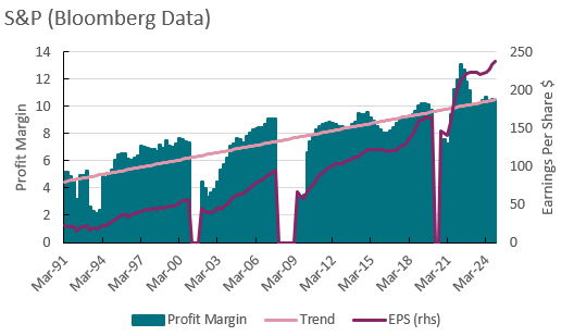 S&P 500 profit margins and earnings per share. Source: Bloomberg Terminal; AXA IM CIO, 30 January 2025