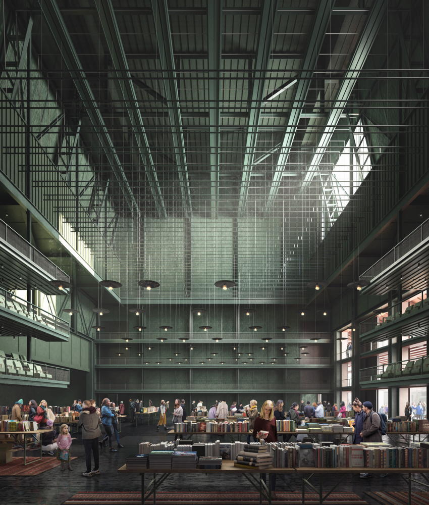voorlopig ontwerpbeeld grote zaal in een opstelling voor een boekenbeurs