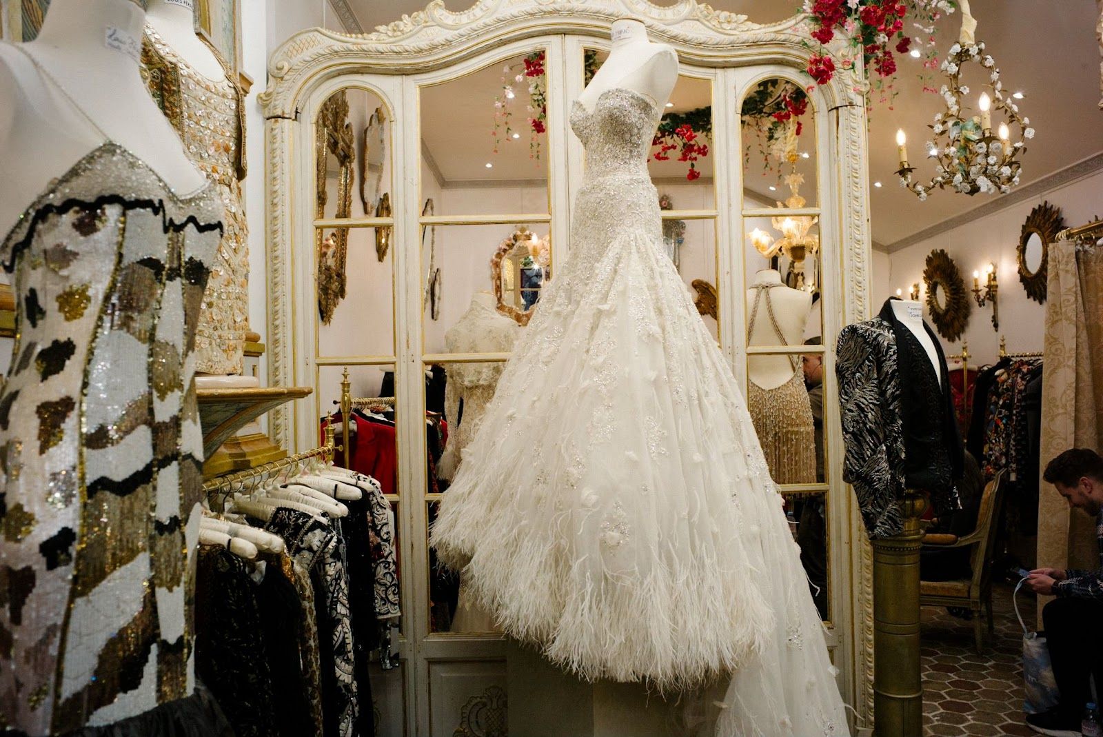 Les Merveilles de Babellou Vintage Shop - Zuhair Murad Haute Couture wedding dress (Center) & Louis Féraud Haute Couture 'Siren' dress (Left)