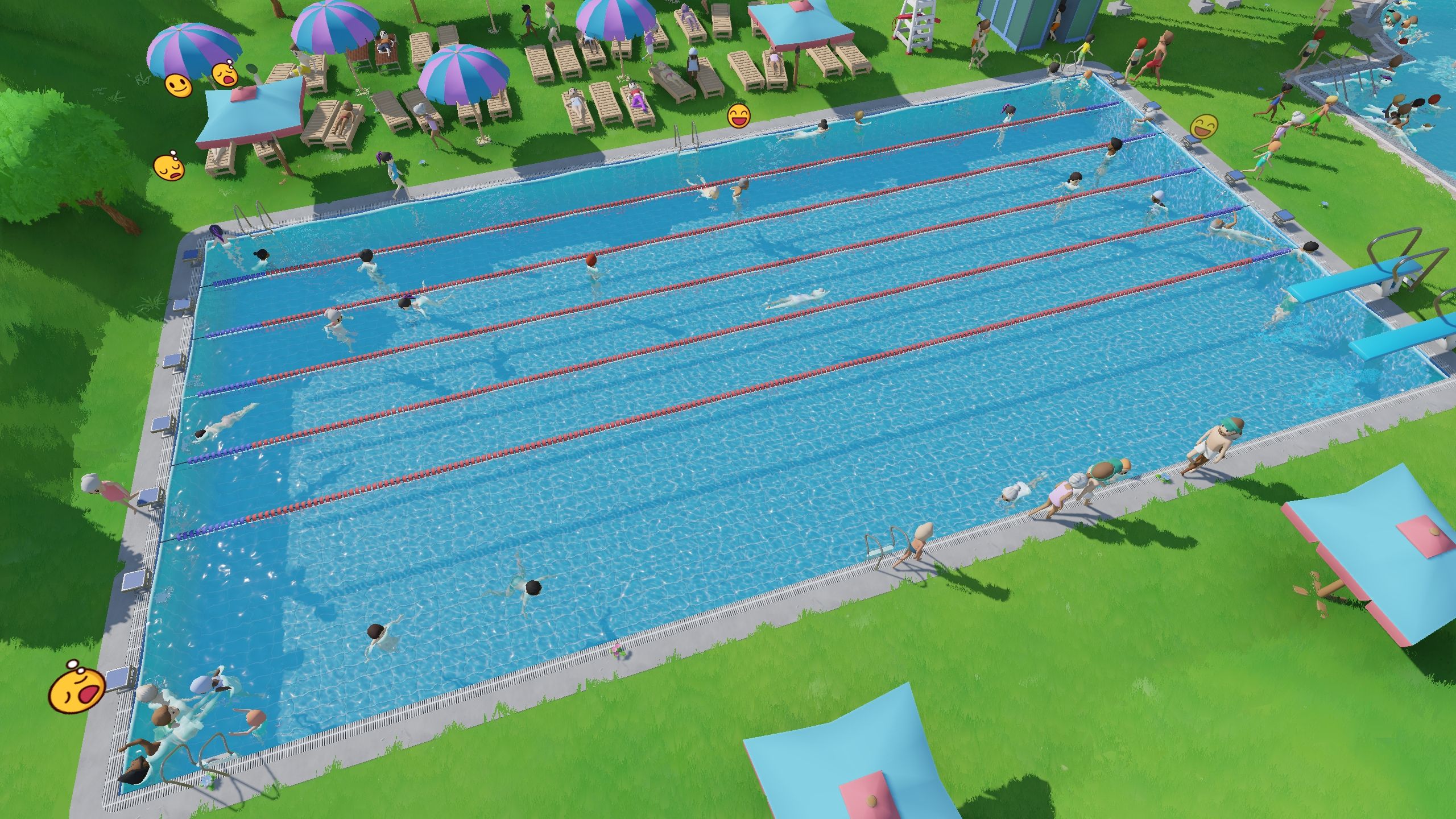 Sports pool with starting blocks, swim lines and sports equipment