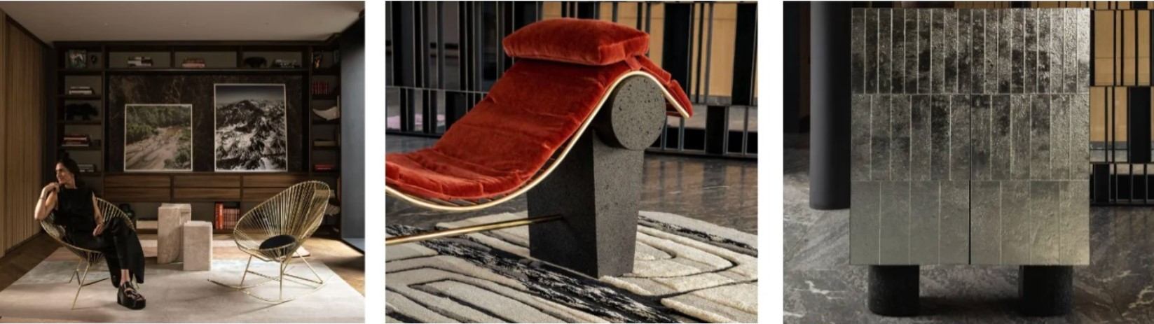 Imagery from left to right: Lorena Vieyra. Chair and rocking chair by Veronica González and modular side table by Raúl de la Cerda. Image credit: Andayvé; Upholstered chaise lounge by Lorena Vieyra and hand-loomed rug by Lorena Vieyra in collaboration with José María Balmaceda exclusively for OMET. Image credit: Andayvé; Cabinet by Caterina Moretti. Image credit: Andayvé. Imagery from left to right: Lorena Vieyra. Chair and rocking chair by Veronica González and modular side table by Raúl de la Cerda. Image credit: Andayvé; Upholstered chaise lounge by Lorena Vieyra and hand-loomed rug by Lorena Vieyra in collaboration with José María Balmaceda exclusively for OMET. Image credit: Andayvé; Cabinet by Caterina Moretti. Image credit: Andayvé.