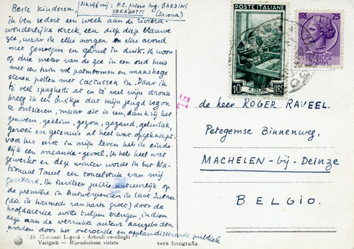 Prentbriefkaart aan Roger en Zulma Raveel, vanuit Varigotti, begin augustus 1953