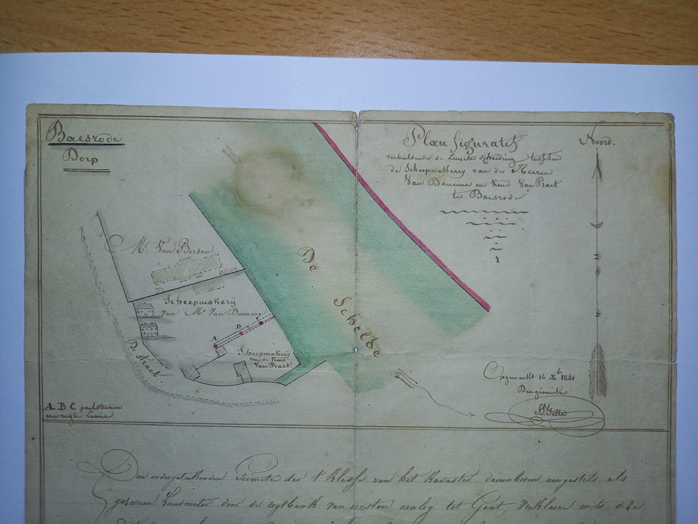 opmeting uit 1841 van de werven Van Damme en Van Praet door een landmeter waarbij de grens tussen de twee werven werd vastgelegd met plannetje