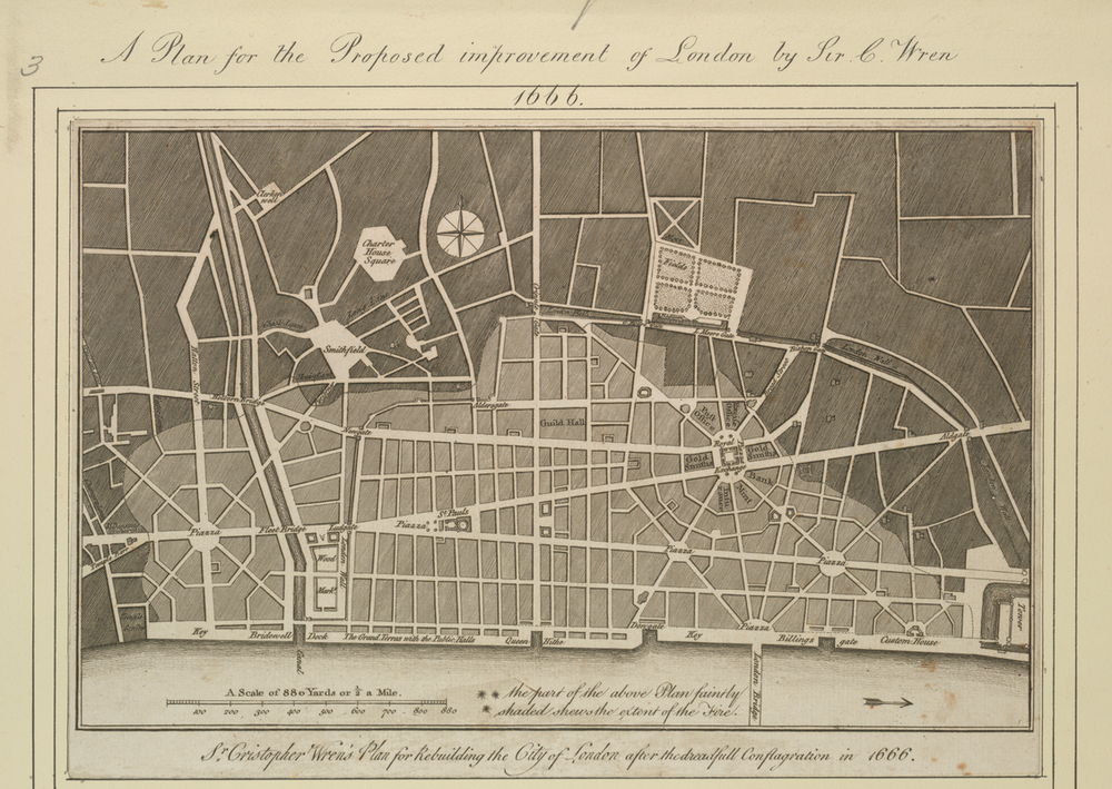 AKG5302283 A plan for the improvement of London. 1666. Sir Christopher Wren. ©akg-images / British Library