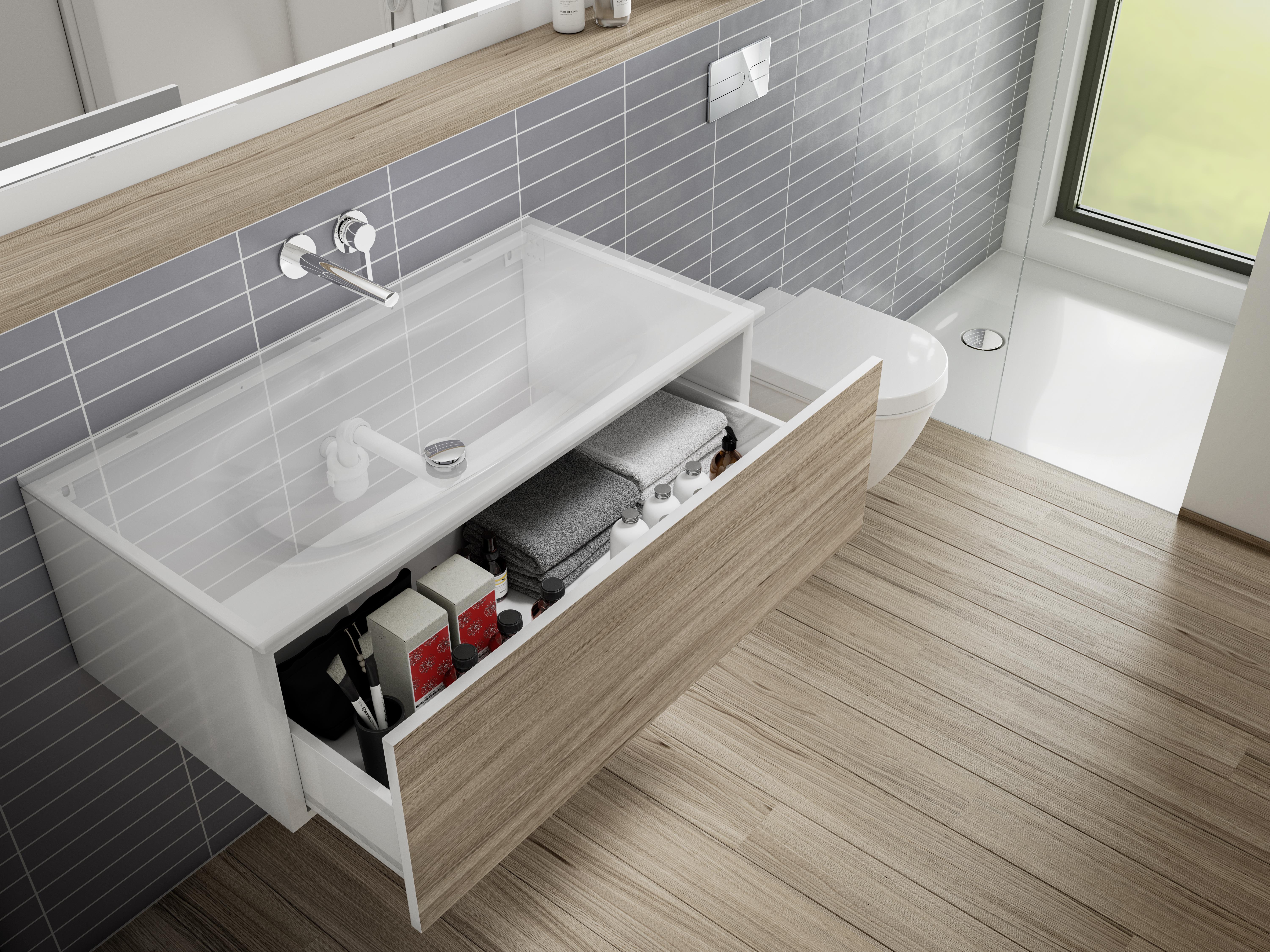 Badkamermeubels en wastafels bestaan voor elke smaak en badkamer. De nieuwe ‘ruimtebesparende’ sifon van Viega zorgt voor een uiterst functionele afvoer, ook in beperkte ruimtes.