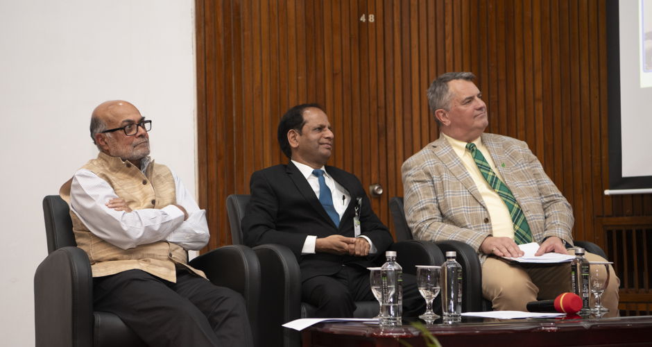 [L-R] Prof. Prabhu Pingali, ICRISAT Governing Board Chair; Dr Himanshu Pathak, ICRISAT Director General; and Dr Stanford Blade, Deputy Director General-Research and Innovation.