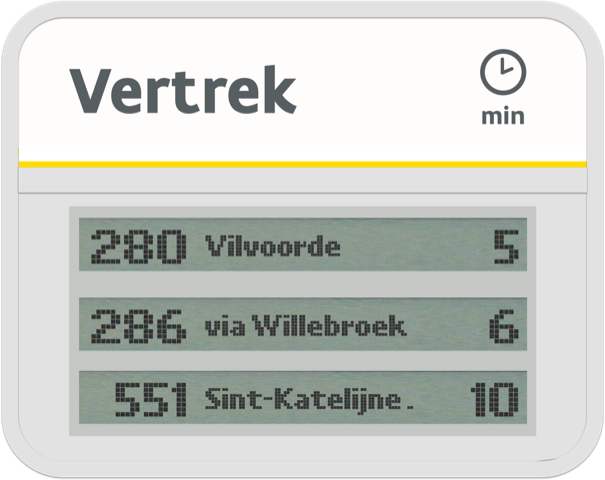 Het nieuwe realtime infoscherm van De Lijn toont het lijnnummer, de bestemming en de wachttijd.