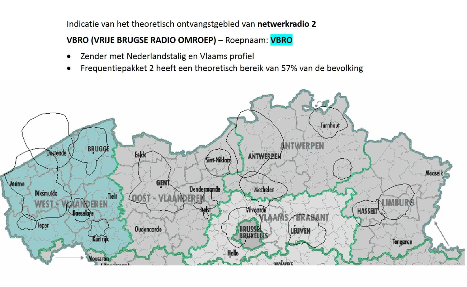 Indicatie van het theoretisch ontvangstgebied van netwerkradio 2