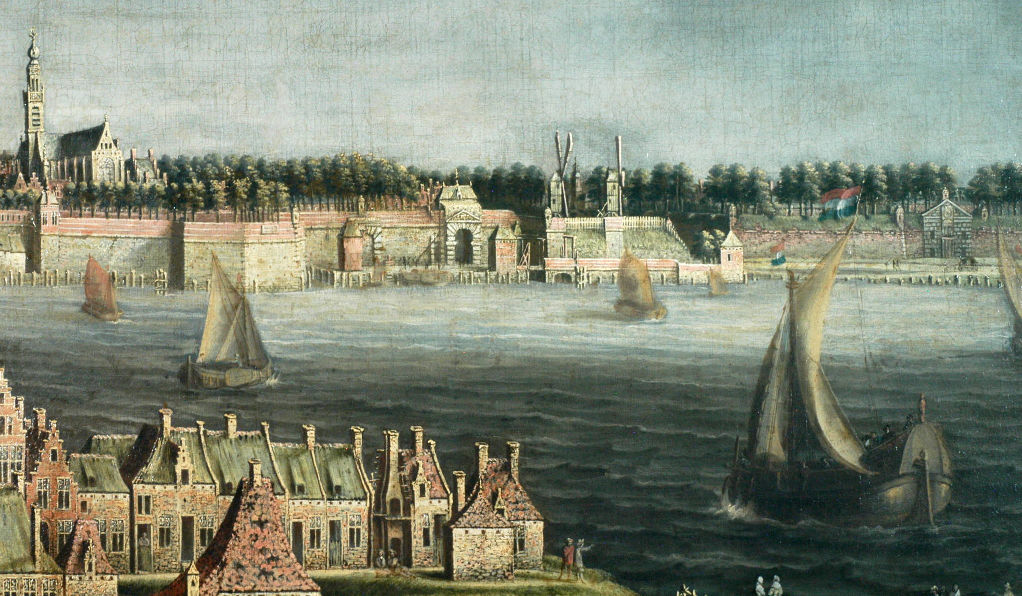 Snede uit het redezicht van Jan-Baptist Bonnecroy, met het Sint-Michielsbastion dat uitsprong in de Schelde, en links de kerk van de Sint-Michielsabdij. (1658) © MAS, Antwerpen