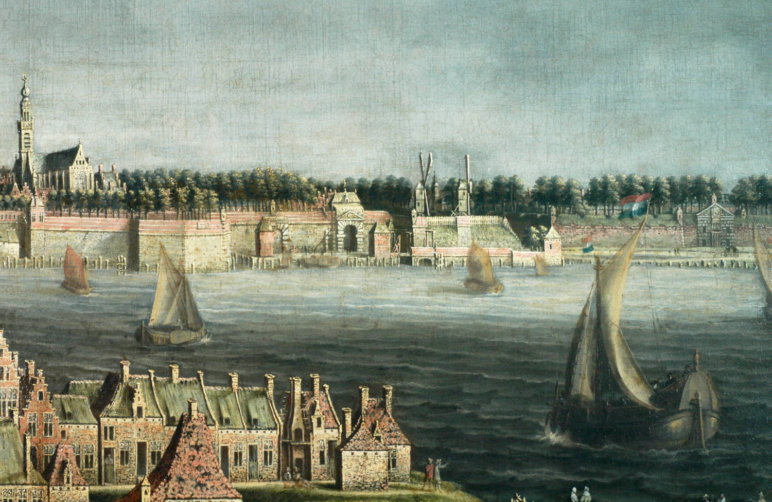 Snede uit het redezicht van Jan-Baptist Bonnecroy, met het Sint-Michielsbastion dat uitsprong in de Schelde en links de kerk van de Sint-Michielsabdij. (1658) © MAS, Antwerpen
