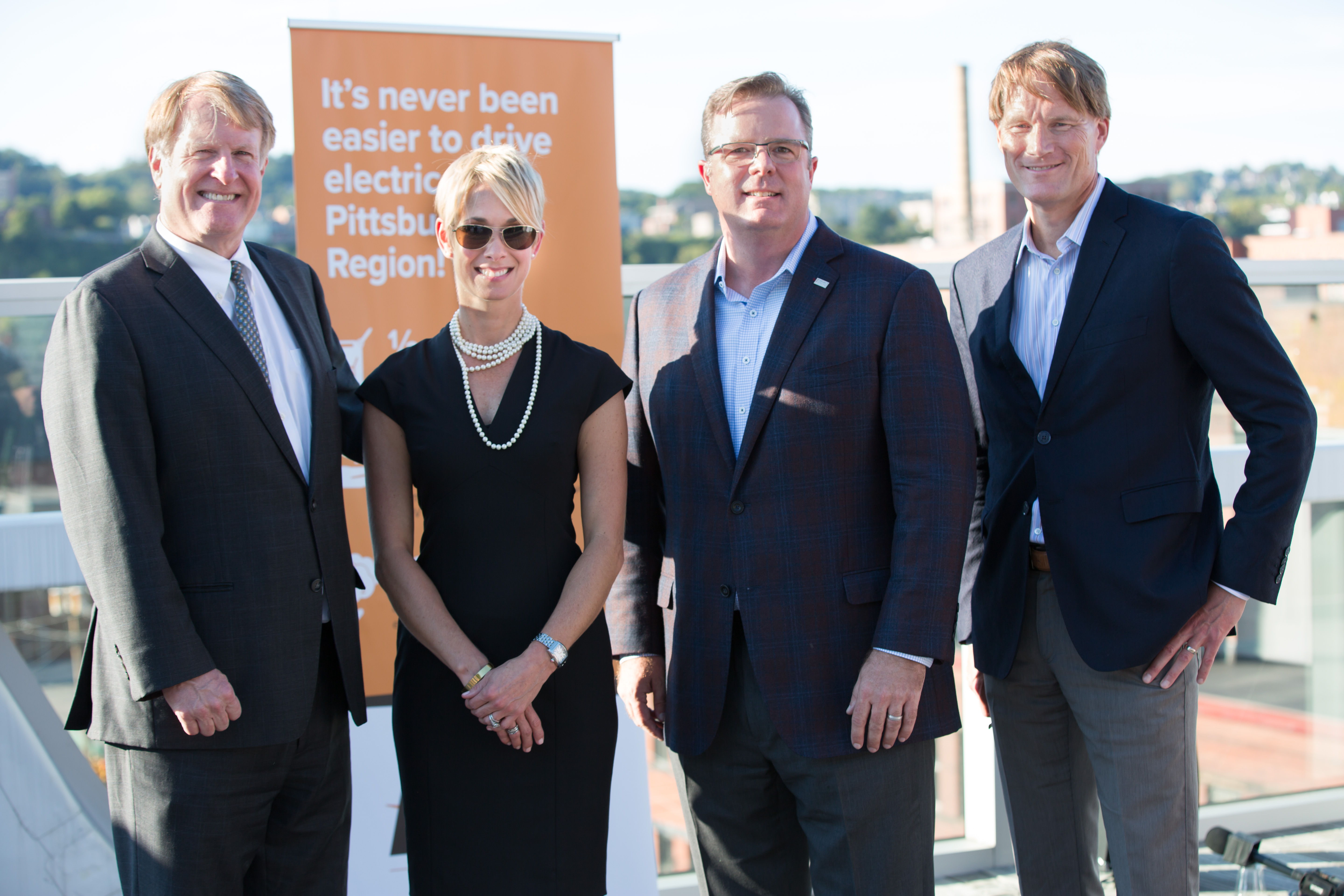 Allegheny County, Duquesne Light and #1 Cochran officials announce the EV rebate for DLC customers. (From Left to Right: Rich Fitzgerald, Jessica Rock, Steve Malnight, and Rob Cochran)