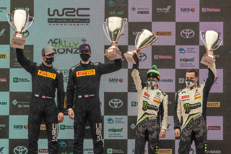 ŠKODA crews on the WRC3 podium (from left): winners Andreas Mikkelsen (NOR) and Anders Jæger (NOR), second placed Oliver Solberg (SWE) and Aaron Johnston (IRL)