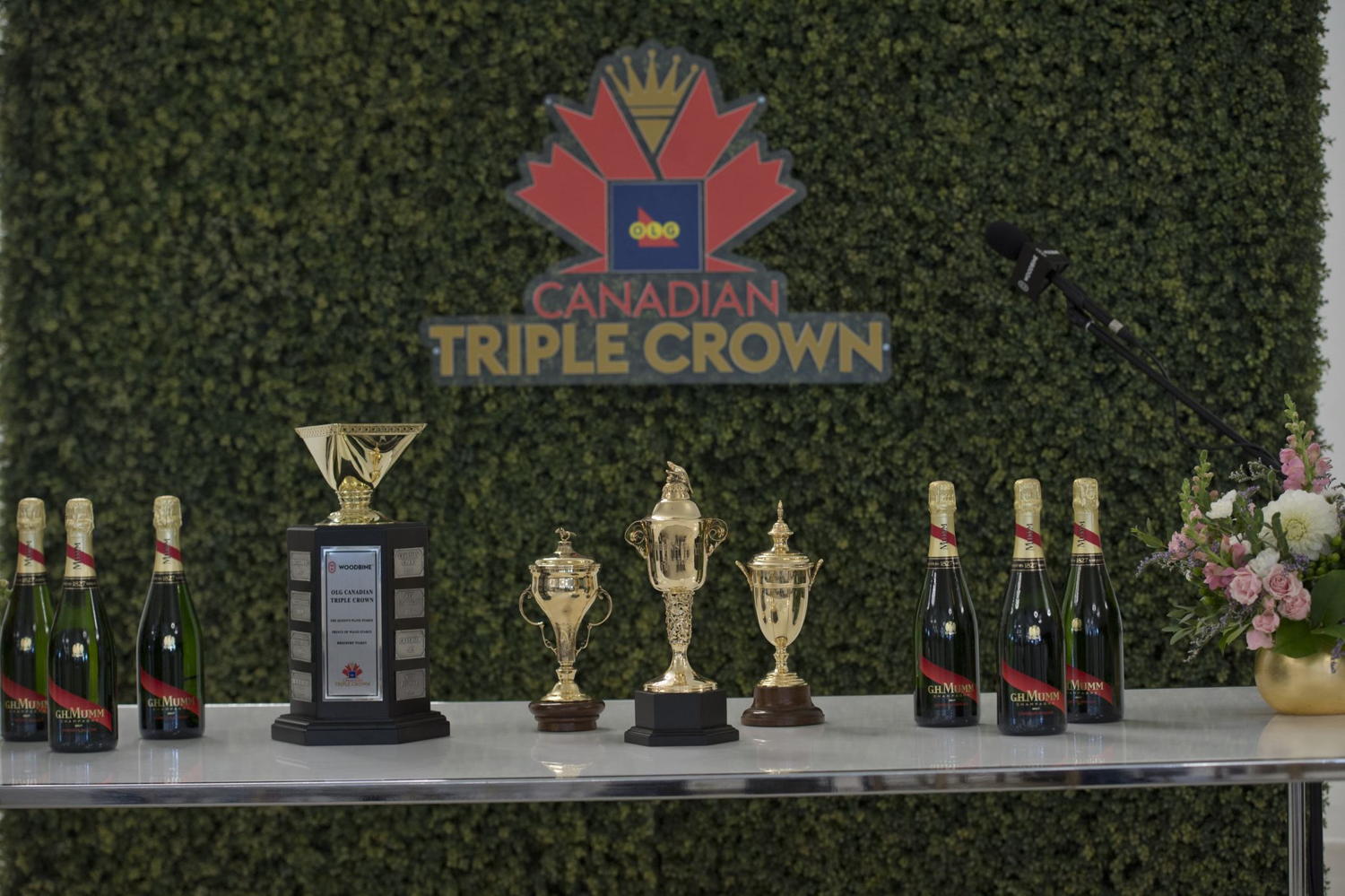 The trophies for The Queen's Plate, Prince of Wales, Breeders' Stakes and the OLG Canadian Triple Crown. (Michael Burns photo)