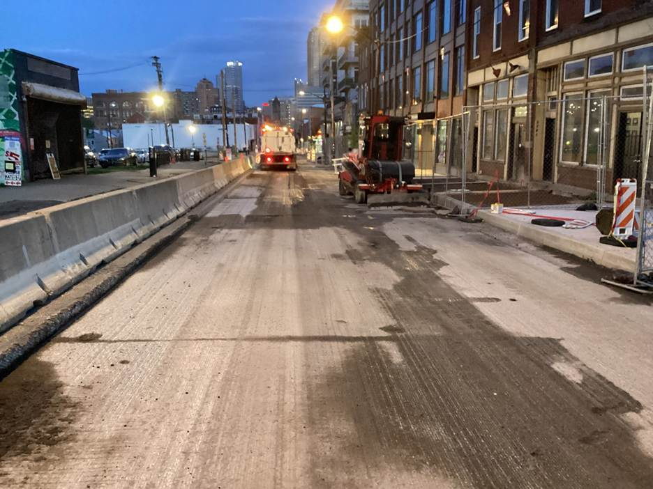Recently milled road surface on Fifth Avenue at Van Braam Street