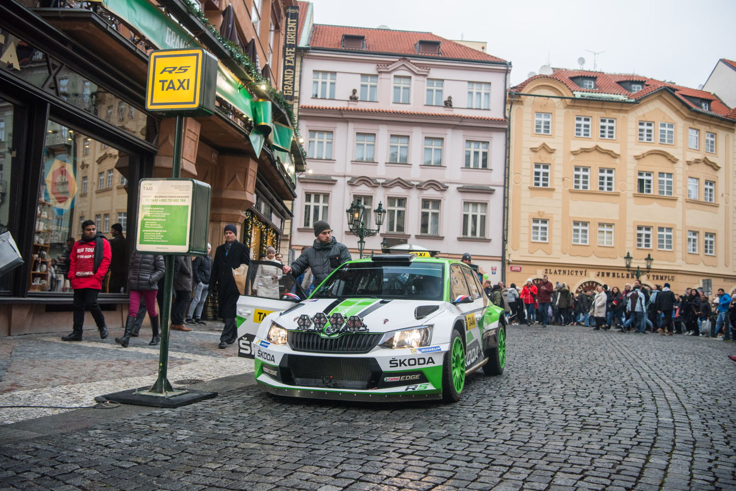 Czech Rally Champion Jan Kopecký answered to calls for a taxi, showing up in a 290 bhp ŠKODA FABIA R5 rally car.