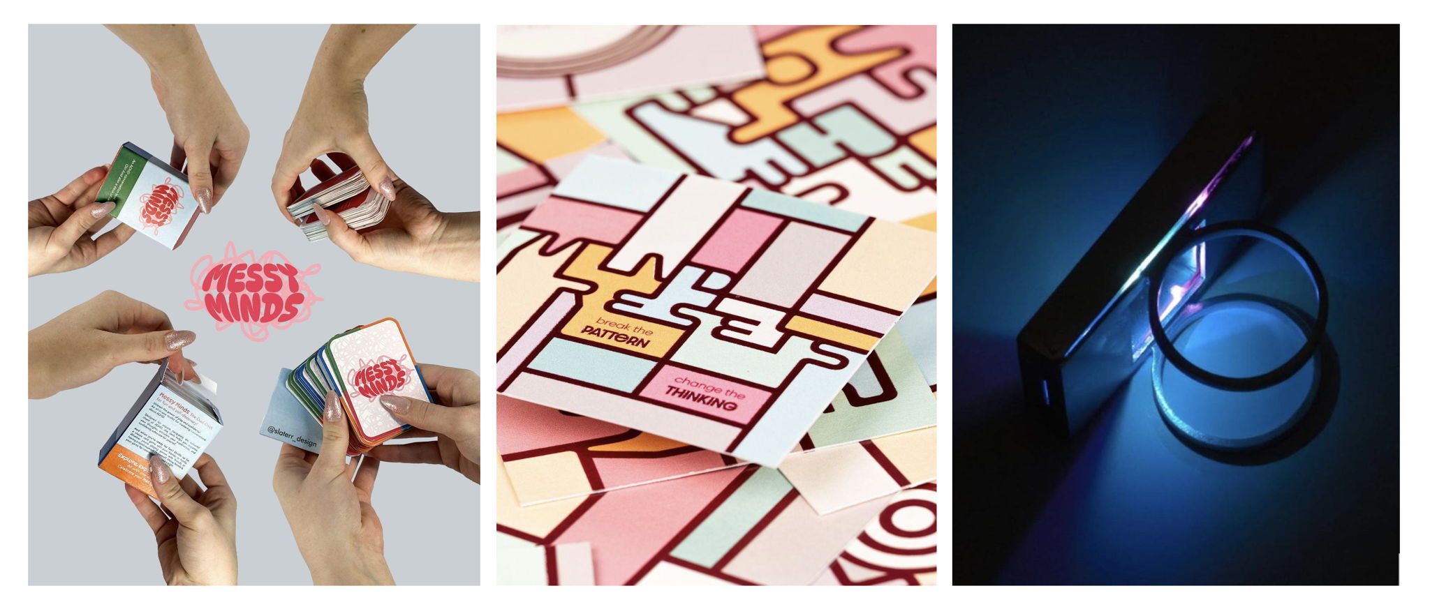 Above (from left): Self-advocacy tool by Connie Slater; mindfulness card game by Phoebe Mohan; interactive jewellery by Xuan Xu Above (from left): Self-advocacy tool by Connie Slater; mindfulness card game by Phoebe Mohan; interactive jewellery by Xuan Xu