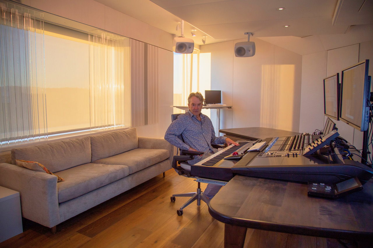 Film score composer Carter Burwell at the composing / mixing position in his 'The Body' Studio Film score composer Carter Burwell at the composing / mixing position in his 'The Body' Studio