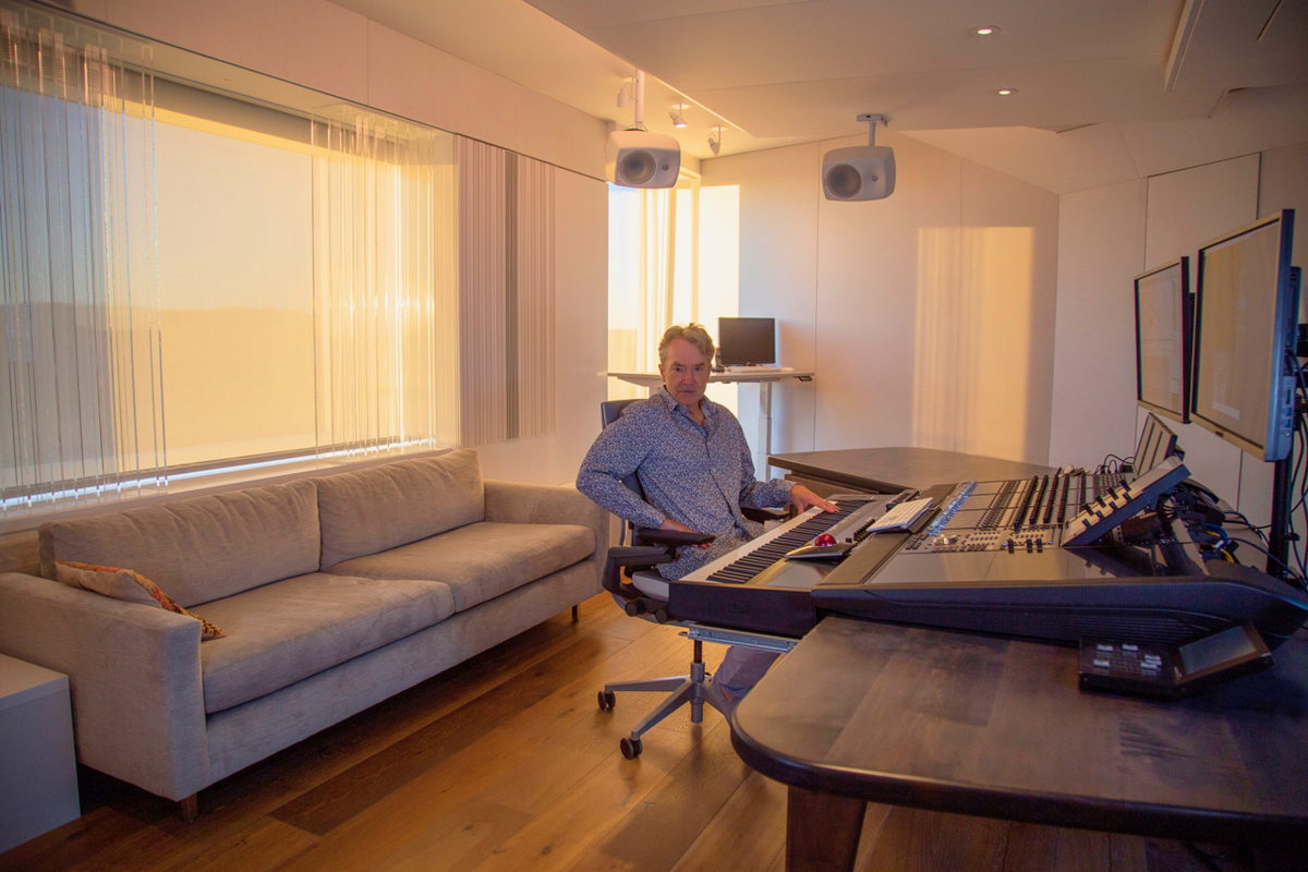 Film score composer Carter Burwell at the composing / mixing position in his 'The Body' Studio