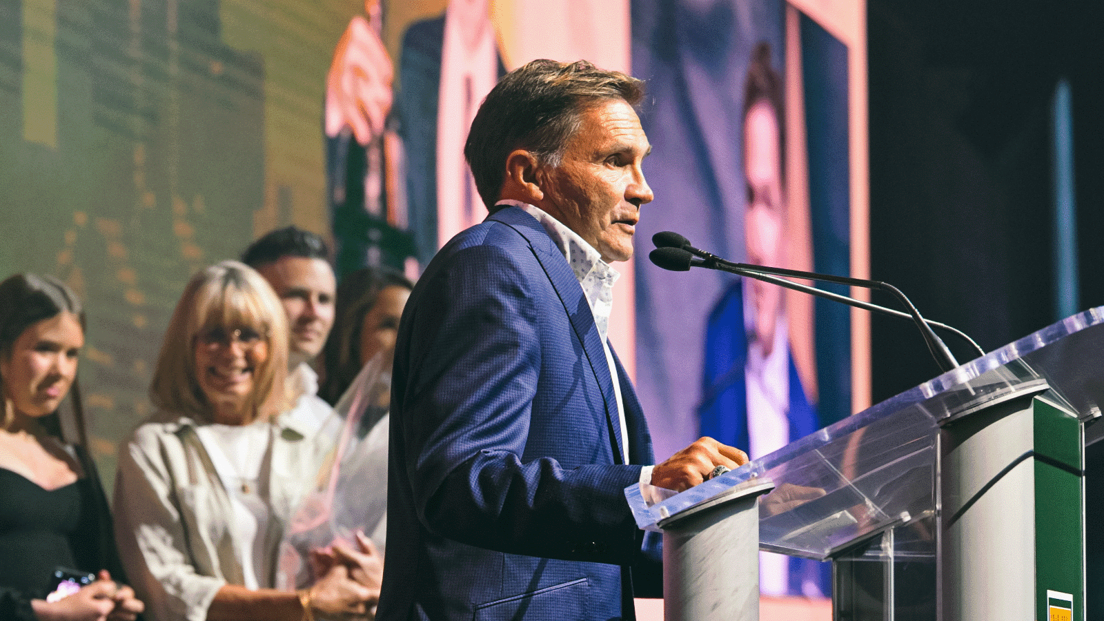Mandrusiak speaks at the Salute to 75 Dinner after being announced as the newest member of the EE Builders Wall. He was formally added to the wall at last season's EE home opener.