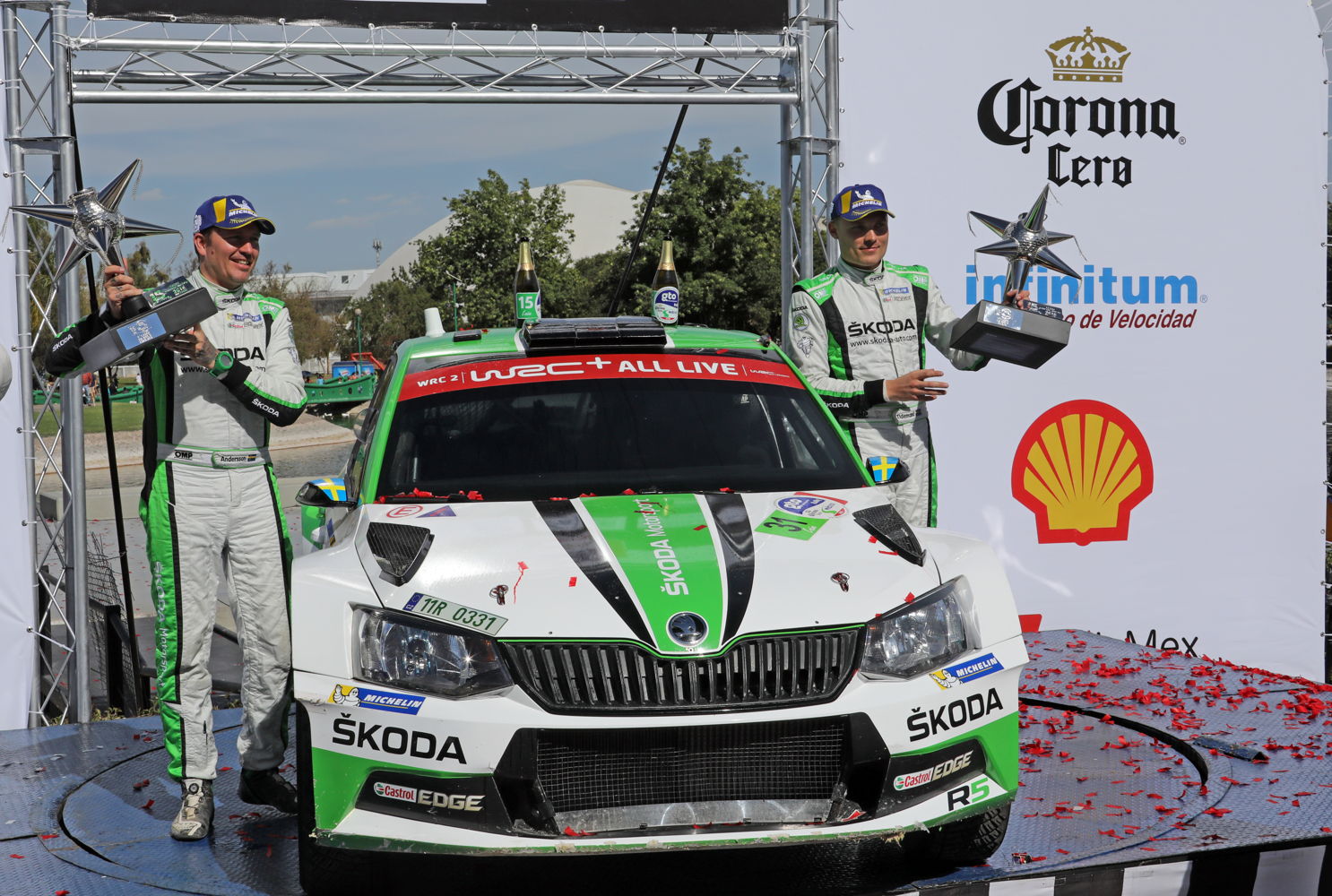 Pontus Tidemand/Jonas Andersson (SWE/SWE), driving a ŠKODA FABIA R5, won the WRC 2 category at Rally Mexico, taking the overall lead in the championship