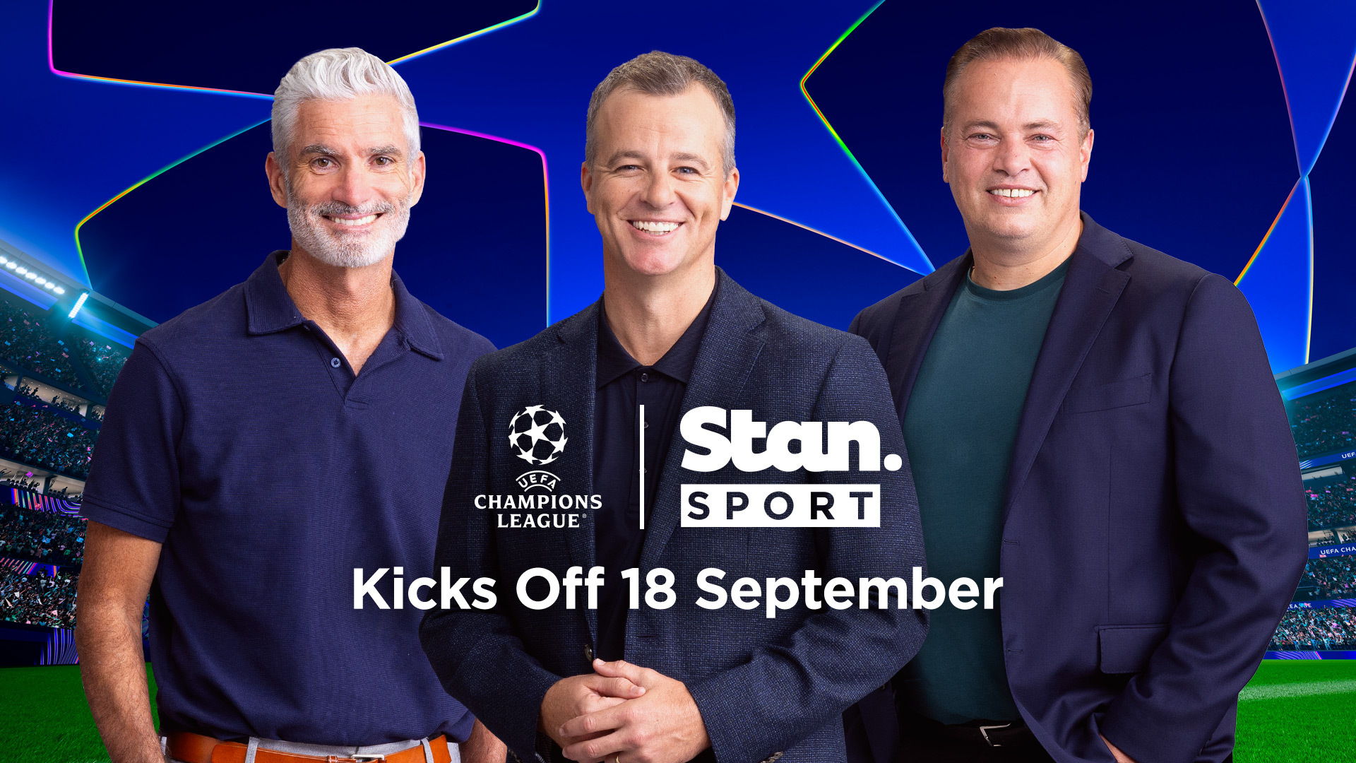 Stan Sport's UEFA Champions League lineup: Craig Foster, Adam Peacock & Mark Bosnich (L to R)