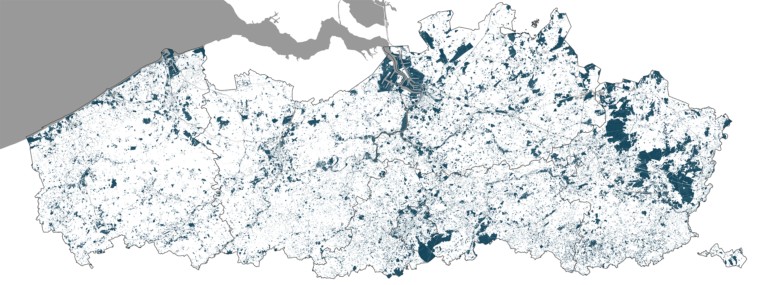 Publiek grondbezit in Vlaanderen en Brussel. Donkerblauw = publiek bezit.
Bron: ILVO op basis van kadasterdata (FOD Financiën, 2024)