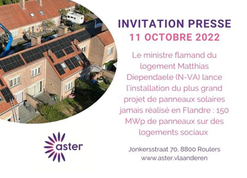 INVITATION PRESSE: Le ministre flamand du logement Matthias Diependaele (N-VA) lance l’installation du plus grand projet de panneaux solaires jamais réalisé en Flandre : 150 MWp de panneaux sur des logements sociaux (Roulers, 11/10 à 10h)