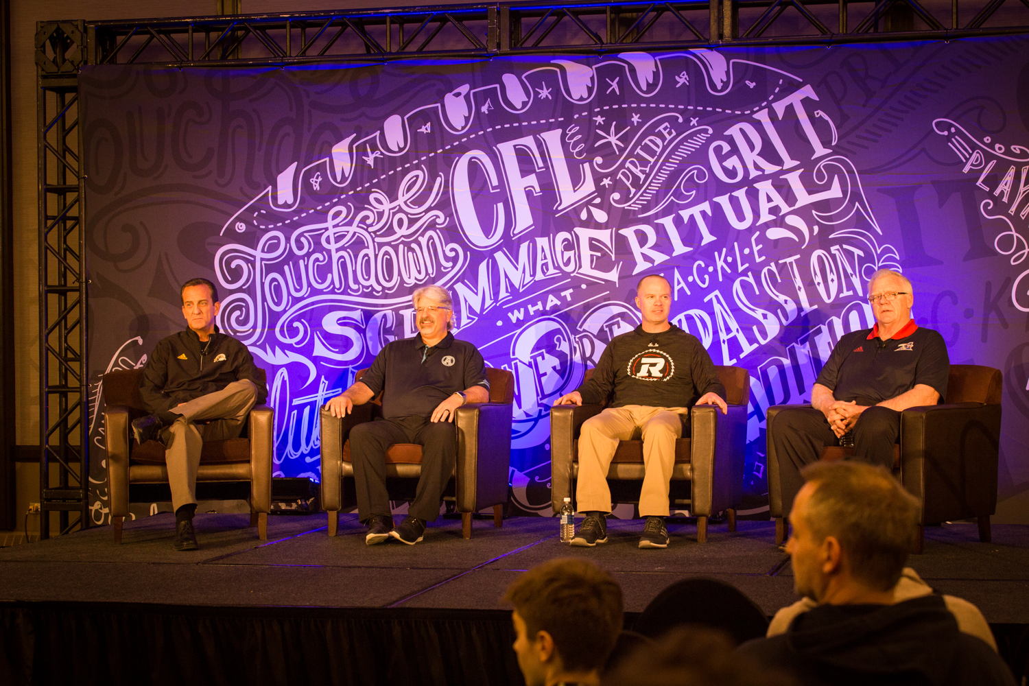 Les représentants de la division Est lors de la conférence de presse des opérations football au cours de la semaine de la LCF L'Équipeur. Photo : Reid Valmestad/LCF.ca