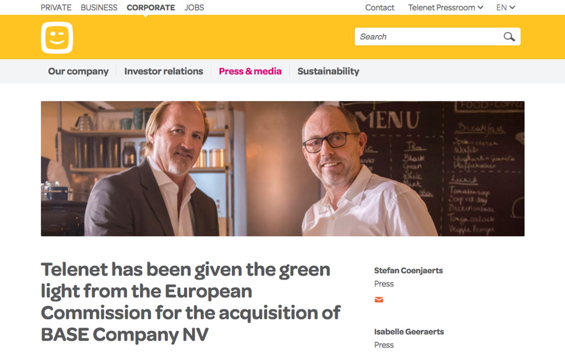 Telenet has been given the green light from the European Commission for the acquisition of BASE Company NV