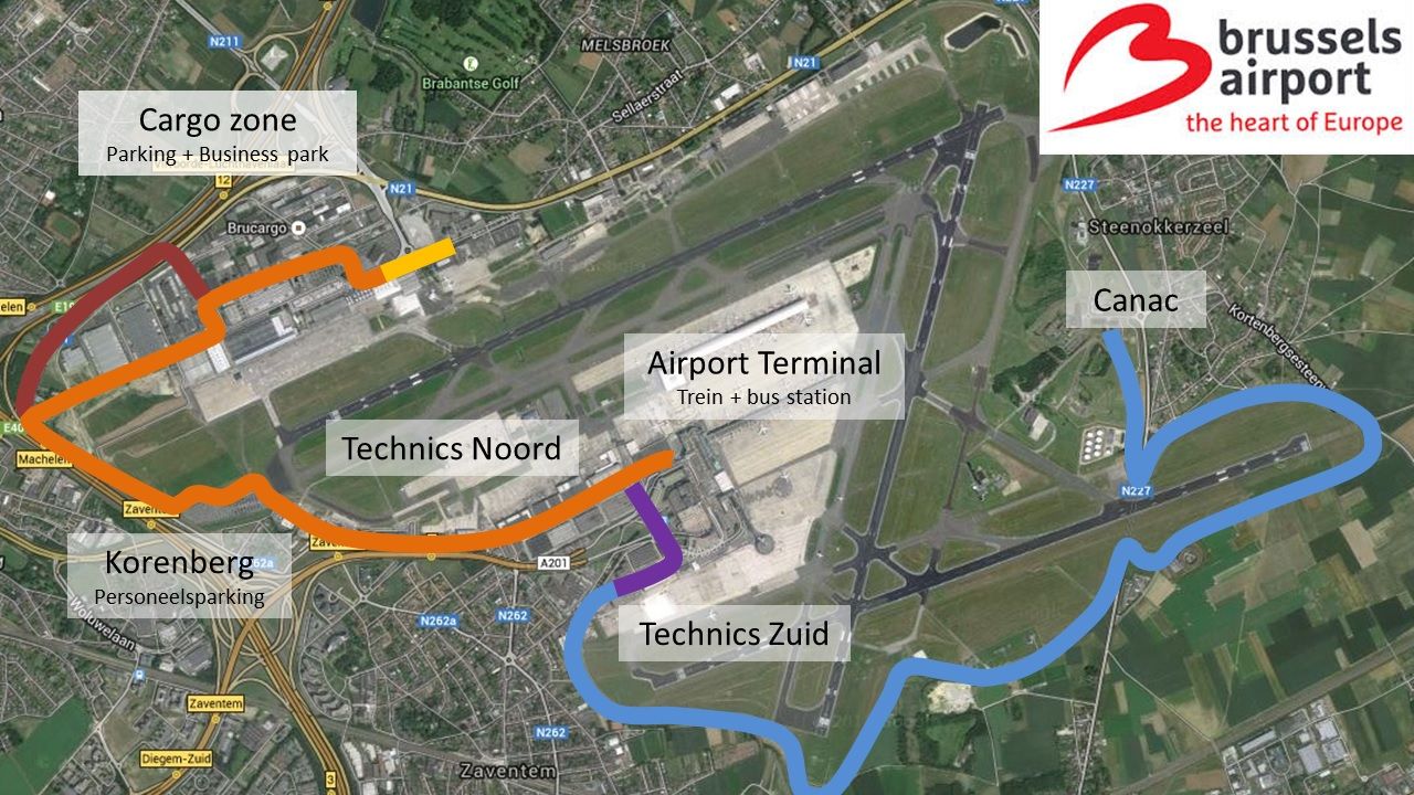 Traject proefproject zelfrijdende bus. Oranje = basistraject. Overige kleuren zijn uitbreidingen / varianten.