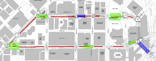 Map of current work areas. The green boxes will be PRTX stations, and the blue boxes are safety improvement sites. Map of current work areas. The green boxes will be PRTX stations, and the blue boxes are safety improvement sites.
