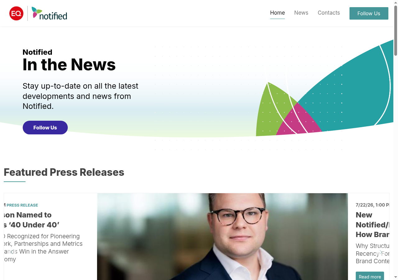 Notified's own public newsroom, showing its branded homepage and featured releases. A public-site example, not an account demo.