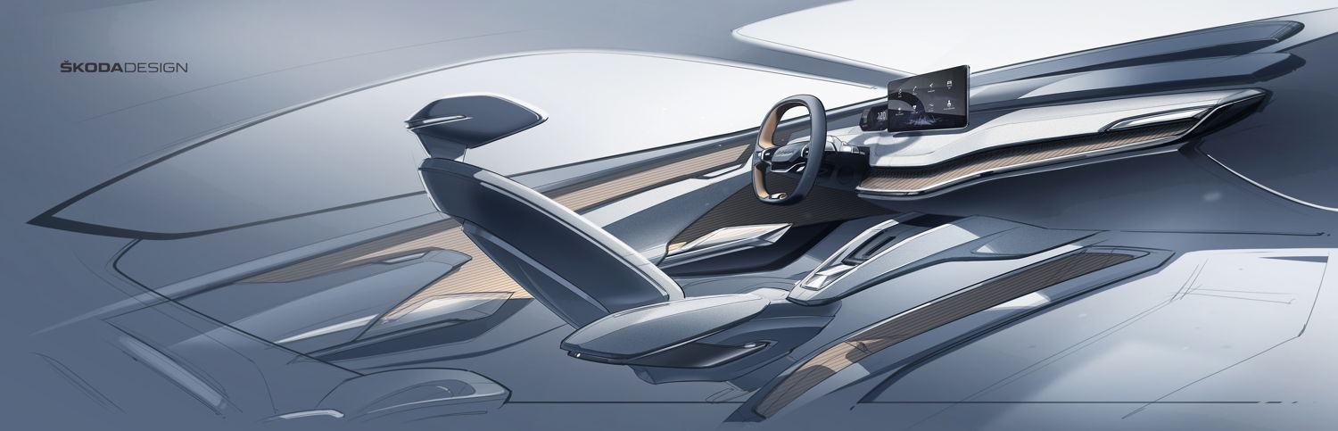 The ŠKODA VISION iV creates new accents with the arrangement of the instrument panel and centre console in various positions and levels. The central screen appears to float freely.
