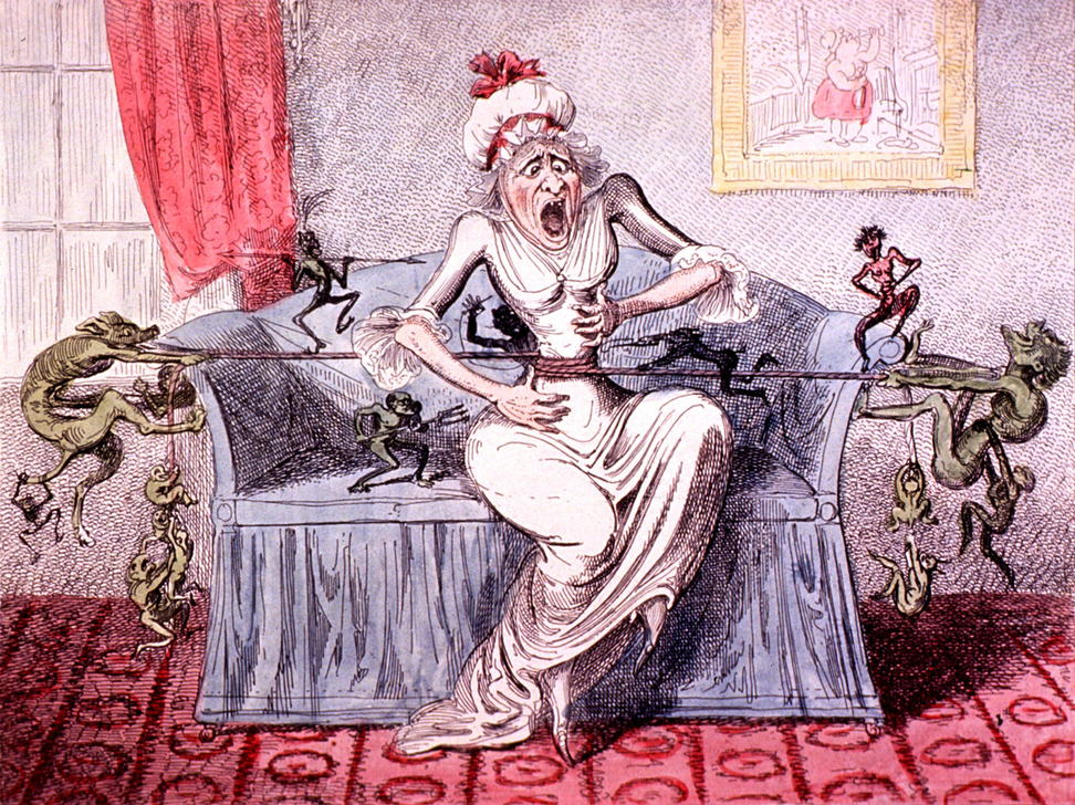 A woman sitting on a sofa is clutching her abdomen and shrieking from the pain resulting from a rope that is being pulled in opposite directions by little demons, thereby constricting her waist. Colic or cholic is a form of pain which starts and stops abruptly. It occurs due to muscular contractions of a hollow tube (colon, ureter, gall bladder, etc.) in attempt to relieve the obstruction by forcing content out. It may be accompanied by vomiting and sweating. Etching by George Cruikshank, 1819. AKG5463034 © akg-images / Science Source A woman sitting on a sofa is clutching her abdomen and shrieking from the pain resulting from a rope that is being pulled in opposite directions by little demons, thereby constricting her waist. Colic or cholic is a form of pain which starts and stops abruptly. It occurs due to muscular contractions of a hollow tube (colon, ureter, gall bladder, etc.) in attempt to relieve the obstruction by forcing content out. It may be accompanied by vomiting and sweating. Etching by George Cruikshank, 1819. AKG5463034 © akg-images / Science Source