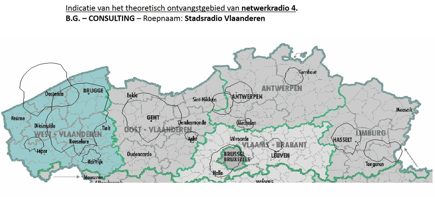 Indicatie van het theoretisch ontvangstgebied van netwerkradio 4