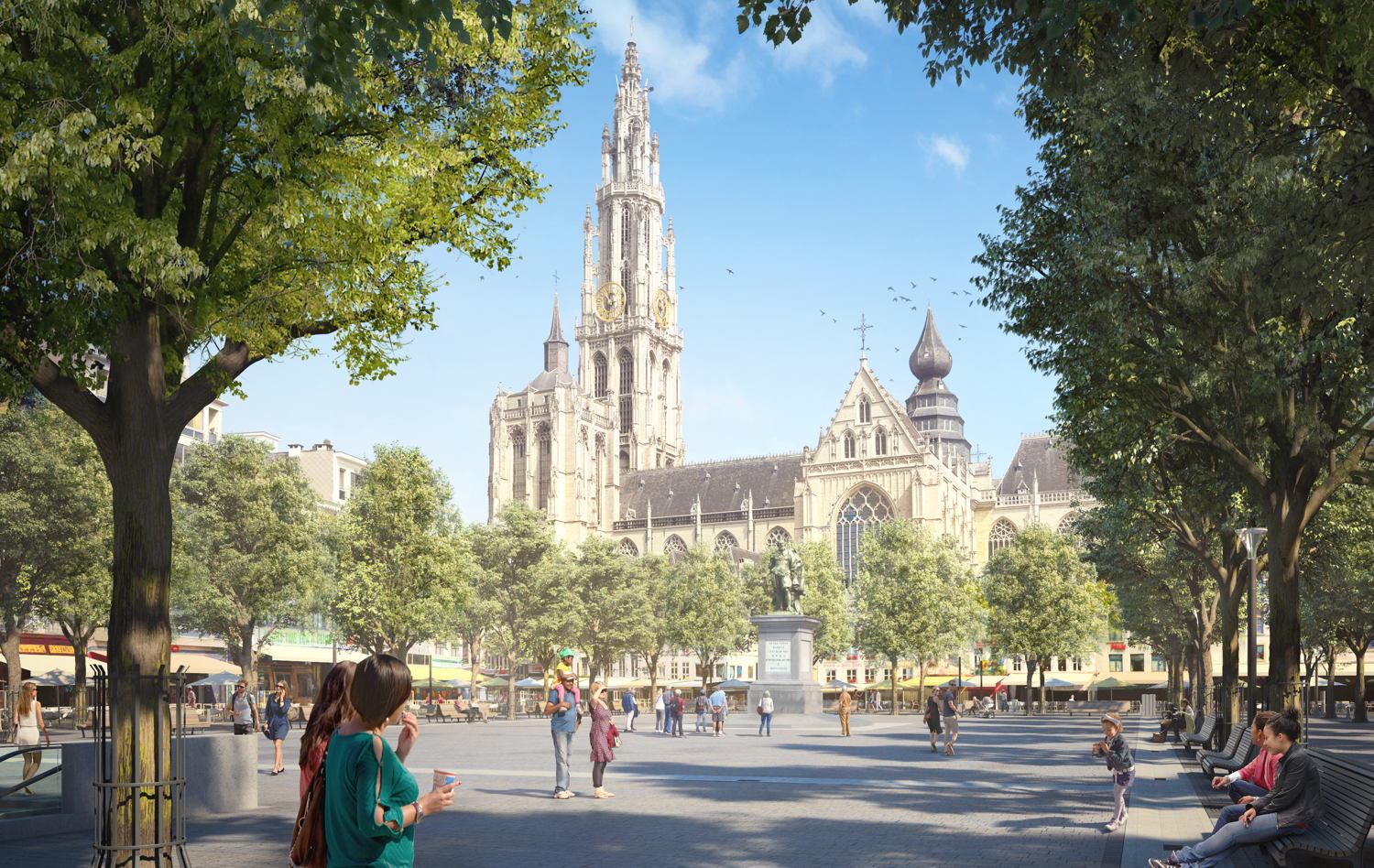 Groenplaats met kathedraal, toekomstbeeld na 15 jaar
© TV NP Bridging, Wirtz International nv, Ney & Partners, Atelier Veldwerk, Arcadis ism BMD 3D voor de visuals
