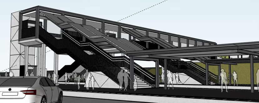 Een simulatiebeeld van de nieuwe passerelle, met een lift en een trap naar elk perron.