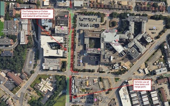 Aerial view of new work zone on Forbes Avenue between Craft Avenue and Halket Street