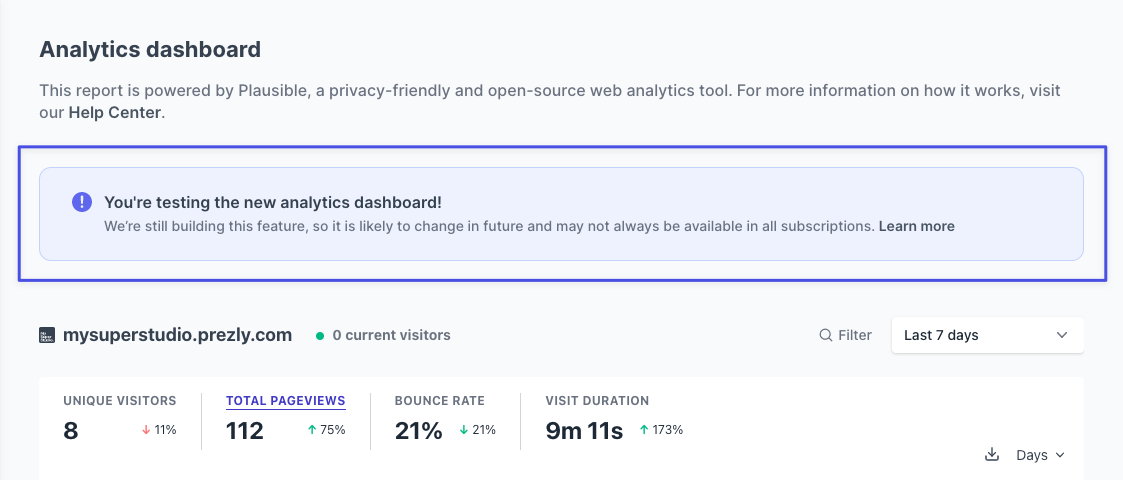 Information box on the analytics dashboard page