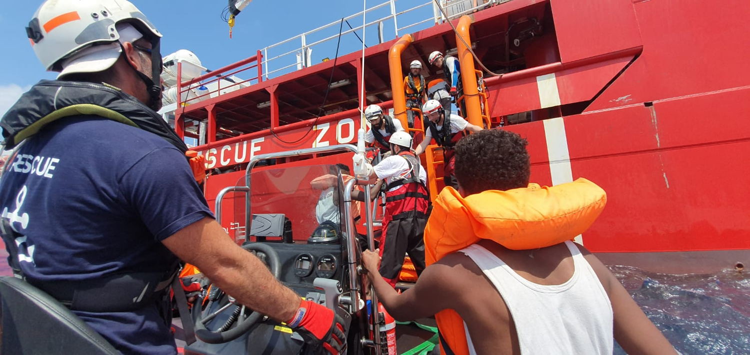 Rescued people are helped on board the Ocean Viking after being rescued by MSF and SOS Mediterranee on August 10 in the Central Mediterranean Sea.
Copyright: MSF/Hannah Wallace Bowman