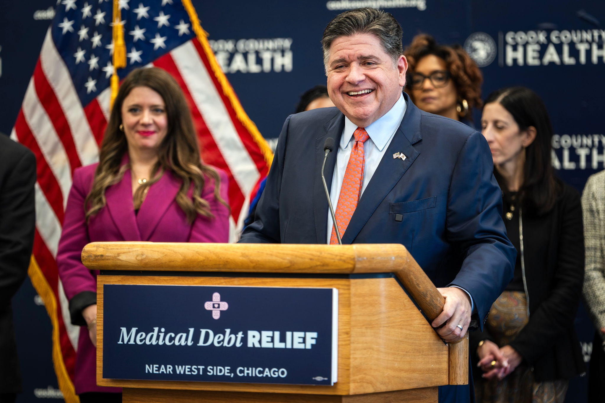 Governor Pritzker gives remarks at Thursday’s press conference celebrating the huge milestone for the Illinois Medical Debt Relief Program.