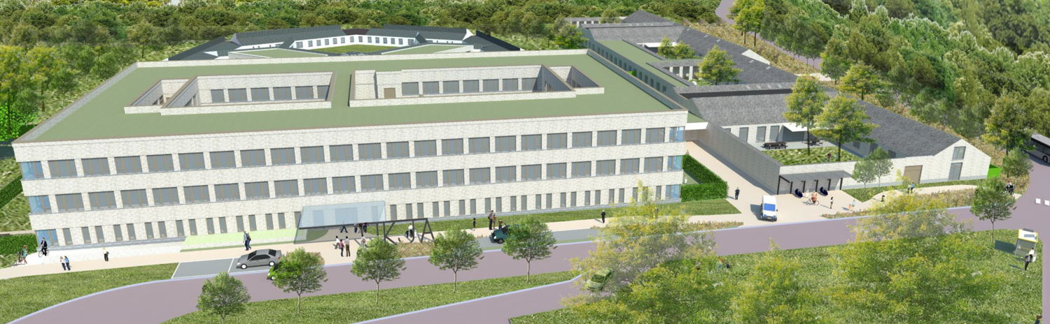 Renovatie en nieuwbouw van ZAS UKJA: het gebouw rechts is al klaar, de werken voor het gebouw links starten in november 2024. 