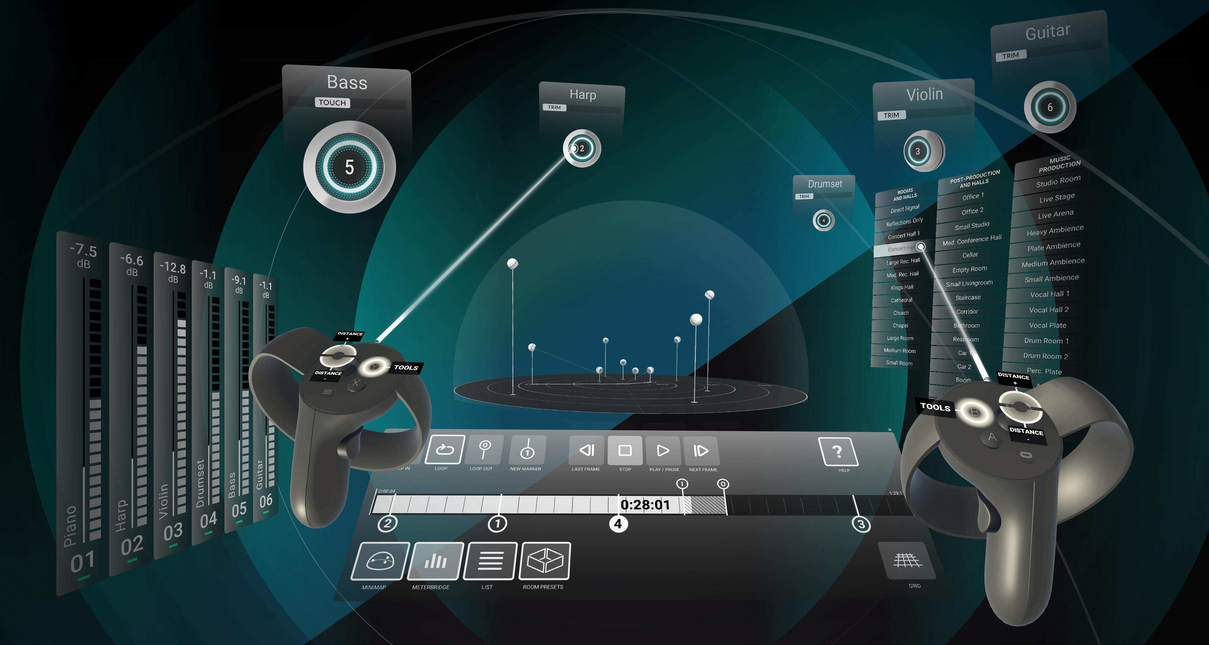 De transport-, meterbrug- en ‘minimap’-overlay van dearVR SPATIAL CONNECT