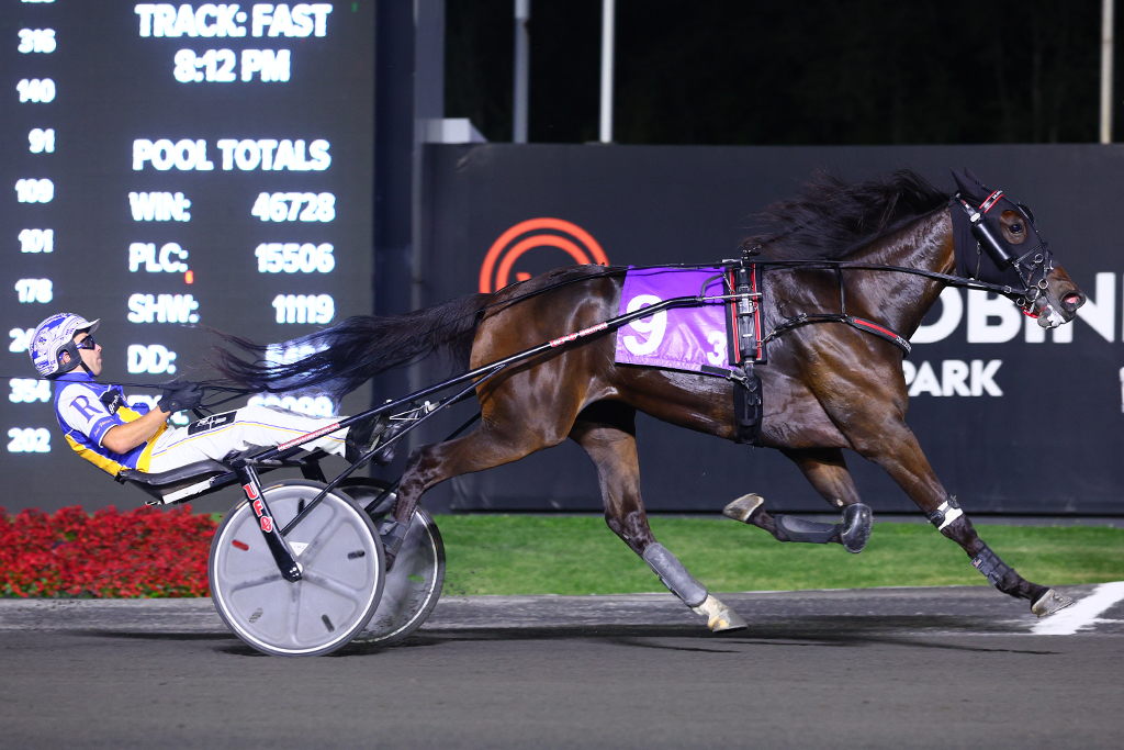 Drawn Impression and driver Louis-Philippe Roy winning the Simcoe Stakes for 3-year-old fillies on August 31, 2024 (New Image Media)