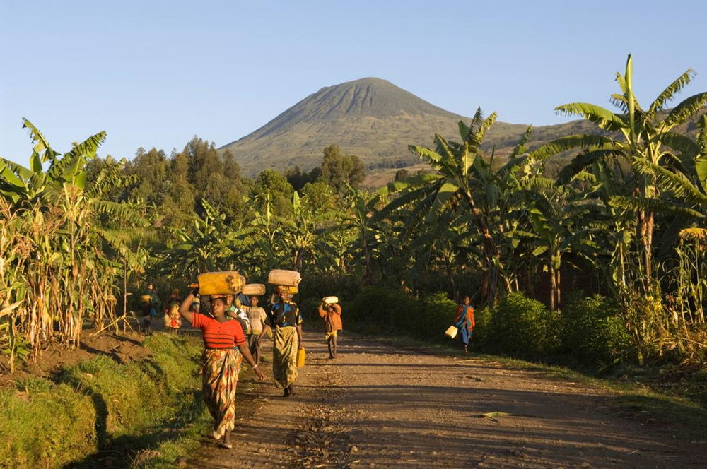 View of a country road with Mount Muhabura in the distance, Rwanda. AKG1417574 © akg-images / african.pictures / Ariadne Van Zandbergen